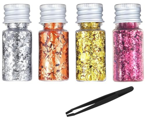 IWIDYA 4 Flaschen Blattgold, Mit Pinzette Blattgoldblätter Tortendeko Essbar Dekorative Goldfolie Flocken Blattgoldtabletten,für Nagelkunst Kunsthandwerk Malerei Harzkunst Vergoldete