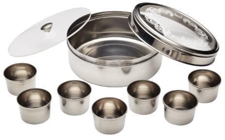 KitchenCraft Caja de especias indias World of Flavours para Masala Dabba, 7 recipientes de especias + especia grande + tapa + tapa, acero inoxidable, 17 x 7 cm, plateado