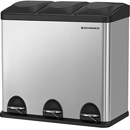 SONGMICS Mülleimer für die Küche, Abfalleimer, Treteimer mit 3 Fächern, Inneneimern und 6 Aufklebern für Mülltrennung, Mülltrennsystem, Silbern-Schwarz, 60,4 x 30 x 56,3 cm (L x B x H)
