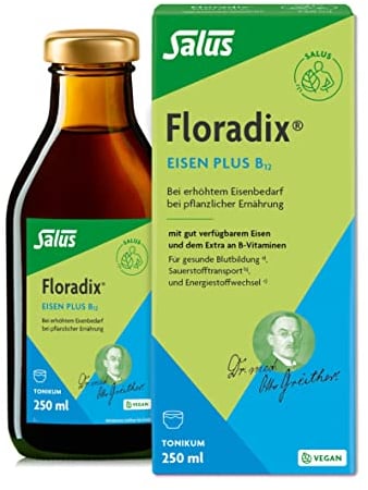 Salus Floradix Eisen plus B12 - Tonikum 1x 250 ml - mit wertvollen Kräuterextrakten, gut verfügbarem Eisen und dem Extra an Vitamin B12 - bei erhöhtem Eisenbedarf - vegan