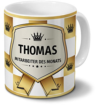 printplanet Tasse mit Namen Thomas - Motiv Mitarbeiter des Monats - Namenstasse, Kaffeebecher, Mug, Becher, Kaffeetasse - Farbe Weiß