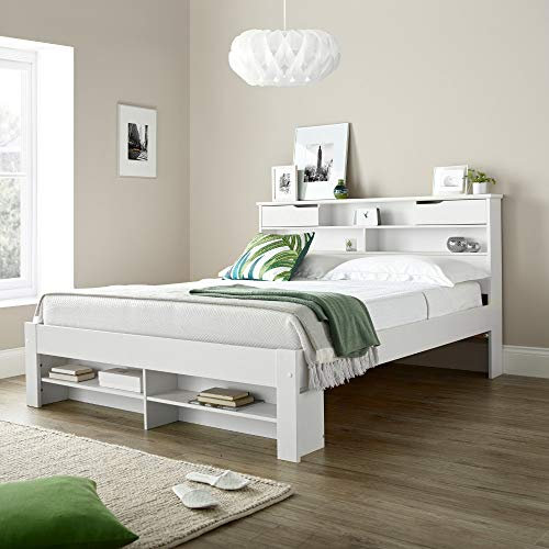 Bed with Shelves, Happy Beds Fabio White Wooden Storage Bed - 5ft King Size (150 x 200 cm) Frame Only