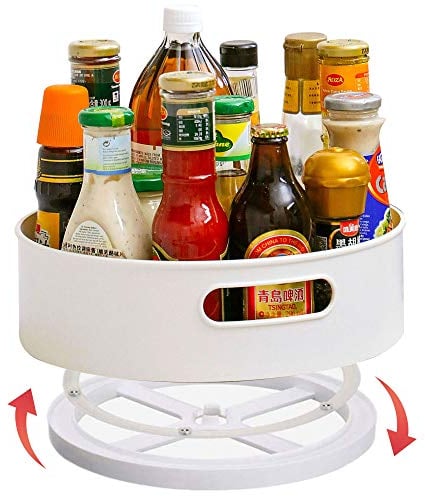Lazy Susan Turntable Φ22.5cm x H6.4cm Condiment Holder, Plastic Revolving Condiments Rotating Spice Rack, Kitchen Storage Unit for Cooking Oil, Ingredients, Bottles and Jars, White (Small)