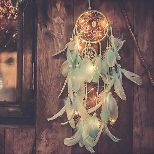 RAILONCH Traumfänger Feder Nachtlichter Wand Hängend Home Decor Nacht Lampe für Kinder Baby Schlafzimmer Wohnzimmer Geburtstag Geschenk (Grün,Mit Lichtern)