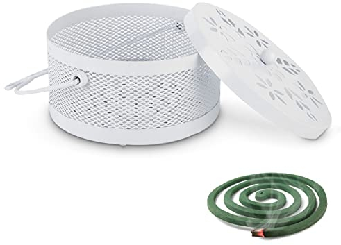 Porta Spirali Antizanzare Bruciatore di Incenso Porta Spirali Antizanzare in Metallo con Manico Supporto per Ceneri per Campeggio da Giardino in Casa,15×8 cm (bianca)