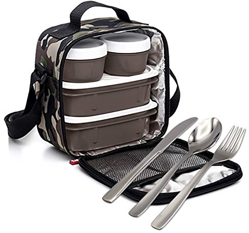 PracticFood Kit Urban Food con Cubiertos en Acero Inoxidable 18/0 Niquel Free - Bolsa Térmica Porta Alimentos con 4 Tapers Herméticos. Camouflage