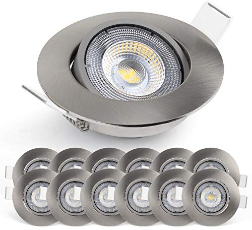 EMOS LED Einbaustrahler 230V, 5W / 450lm, 50° schwenkbar, kaltweiß 6500k (Tageslichtweiß) | Einbaustrahler LED Spot flach 68mm Lochmaß | Set mit 12 Stück LED Spots 230V, rund (Farbe silber)
