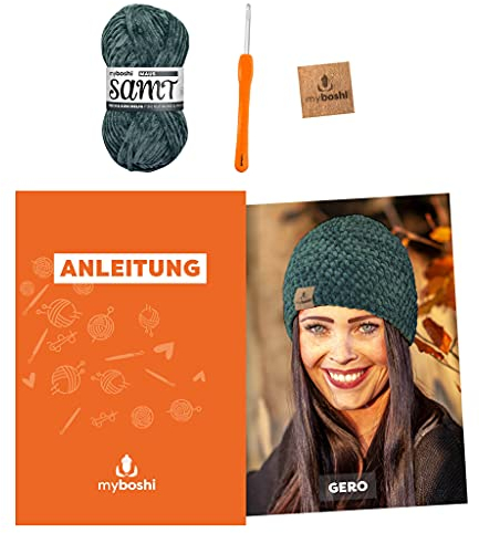 myboshi Häkelset Mütze Gero, inkl. Samt Wolle, Nadel und Anleitung, Häkelpaket, 100% Chenille-Garn Maus - Grau, mit Häkelnadel