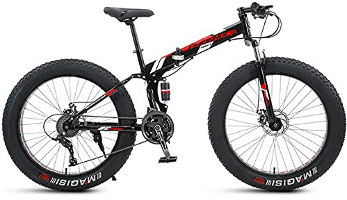 NENGGE Jugendfahrrad 24 Zoll Mountainbike Erwachsene Jungen Mädchen Fahrrad Faltbare Fette Reifen MTB mit Vollfederung, Rahmen aus Karbonstahl,Rot,21 Speed
