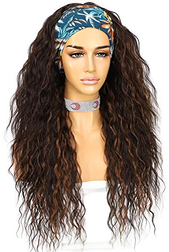 Sapphirewigs Lockige Stirnband Perücke lange braun synthetische Perücken für Frauen lose Wasser Welle Stirnband Haare für Frauen Kleberlos 150% Dichte 26 inch