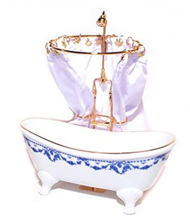 Dolls House Blue Bow Bath Shower & Curtain Reutter Bathroom Furniture 1:12