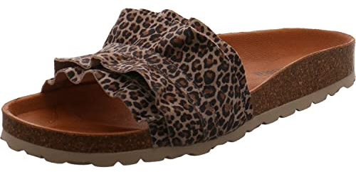 Verbenas Damen Pantolette Roccio Roda aus Echtleder in Braun mit Leo Print und Weichfußbett. braun/Leo Print Gr. 37