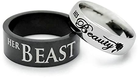 Stfery Verlobungsring Paar Edelstahl Schrift his beauty her beast Ringe Herren Schwarz Partnerringe zum Valentinstag, 49 (15.6)