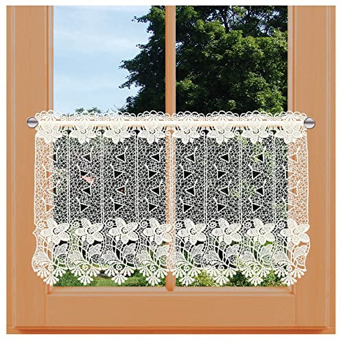 Scheibengardine Aurora Vogtländische Spitze | moderner Scheibenhänger Blumenmuster in natur | elegante Spitzengardine mit Blüten | Luftspitzen-Kurzstore im Landhaus-Stil | Höhe x Breite 40 x 96 cm