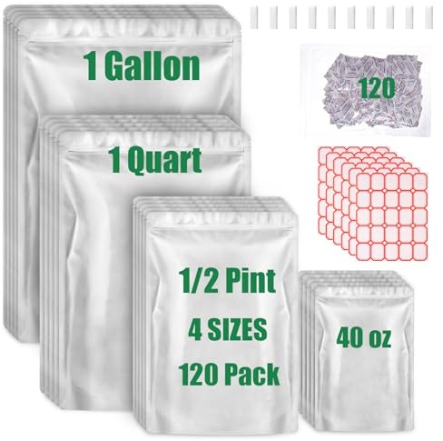120 Mylar Bags for Food Storage with Oxygen Absorbers 120 x 300cc, Mylar Bags 9 Mil 1 Gallon, 1 Quart, 1/2 Pint, 40 Oz, Stand-Up Zipper Resealable Bags & Heat Sealable Food Storage Bags + Labels