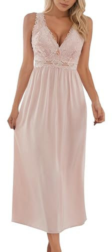 Alcea Rosea Femme Satin Chemise de Nuit Longue Dentelle Nuit Sexy Robe Elégante sans Manches Loisirs S-XXXL (Poudre, XXL)