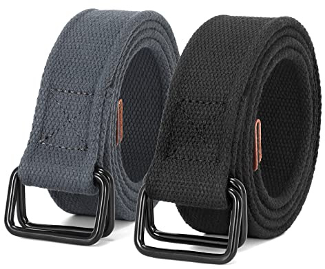 JASGOOD Men Canvas Belt Web Fabric Casual Work Belt with Black D Ring Set of 2(Black+Gray,Fit Waist Size 34-39 Inch)