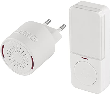 EMOS Mini-Türklingel und Taster, 10 Melodien, 150m Reichweite, 5 Lautstärkestufen (0-85 dB), weiße Miniaturklingel, batteriebetriebener wasserdichter Taster, zusätzliche Taste bestellbar