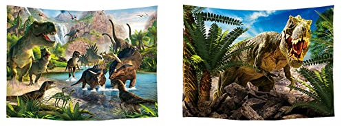 Ulticool – Wandteppich Dekoration Wohnung - Dinosaurier Gruppe T-Rex - Grün - Set von 2 Motiven – 73 cm x 95 cm - Wandtuch - Accessoires für Schlafzimmer Wohnzimmer Kinderzimmer