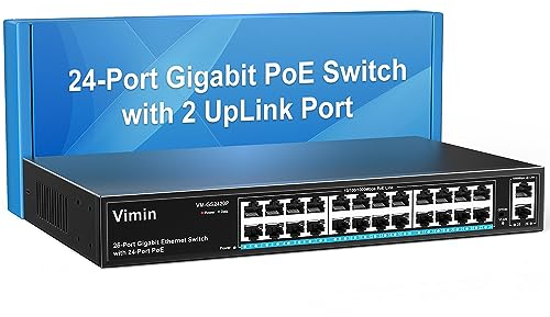 VIMIN Switch PoE Gigabit a 24 Porte con 2 Porta di Collegamento Gigabit, Switch Ethernet PoE non Gestito a 26 Porte con Alimentazione di 320W, Supporto IEEE802.3af/at, VLAN, Involucro in Metallo
