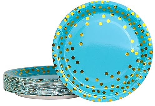 DHAIQC Lot de 50 Assiette Jetable Bleu Or 17,8 cm, Kit Vaisselle Jetable Anniversaire Assiette Carton pour Barbecue Anniversaire ou Fête Baby Shower Mariages (Bleu Or)