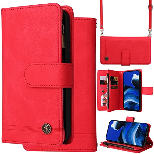 Ammeer Hülle Wallet für Xiaomi Redmi 11 Prime 4G, Reißverschluss Zipper Magnetische Flip PU Leder Schutzhülle Handy Tasche Case Cover Silikon TPU Kartenfächer Stand Trageschlaufe Schulterriemen - Rot