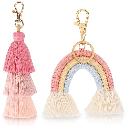 2 Stück Boho Regenbogen Schlüsselanhänger Pom Pom Quaste Tasche Charm Makramee Weben Regenbogen Quaste Schlüsselanhänger Regenbogen Tasche Anhänger Keychain für Frauen Mädchen Boho für Damen