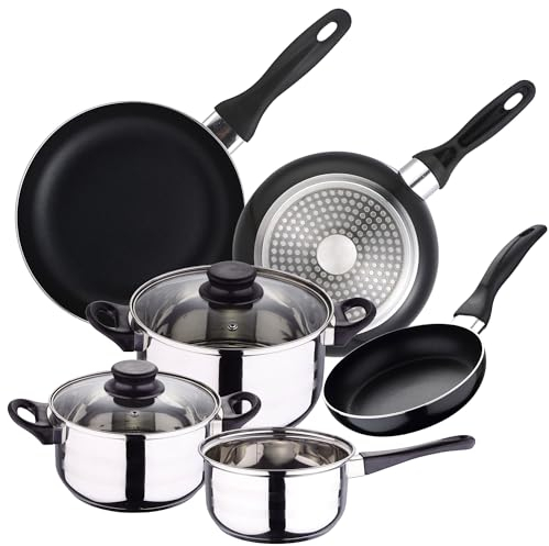 Batterie de cuisine 5 pièces en acier inoxydable + Set de 3 poêles Ø16Ø20Ø24 alu pressé