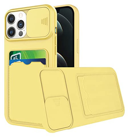 Wousunly Compatible with iPhone 13 Pro Case with Card Holder, Phone Case for iPhone 13 Pro Shockproof with Sliding Camera Lens Protector Cases Silicone Bumper Cute Ultra Thin Cover (Yellow)