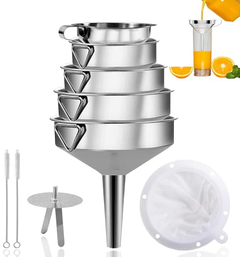 Set de Embudos de Cocin, 9 Piezas Acero Inoxidable Embudo, Juego de Embudo de Acero Inoxidable, con Cepillo de Limpieza, Tamiz Extraíble y 200 Filtro de Malla, para Todo Tipo de Líquidos