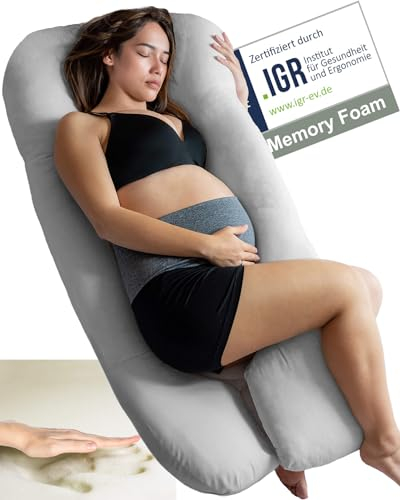 Traumreiter Seitenschläferkissen Visco M mit Bezug Silber, Hybrid Kissen + 1cm Memory Foam, U Form Schwangerschaftskissen Gel Body Pillow Komfortkissen Erwachsene, Ergonomie Zertifiziert
