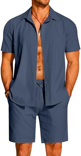 COOFANDY Men's 2 Pieces Cotton Linen Set Short Sleeve Button Down Shirts Summer Beach Shorts Casual Outfits, Violets, Small