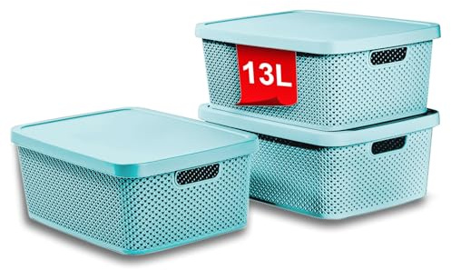 astor24 PREMIUM 3er XXL Set Aufbewahrungsbox Korb mit Deckel Organizer Ideal für Büro,Kleiderschrank, Schrank, Küche & Haushalt (Aquamarin, 3er Set 13 Liter)