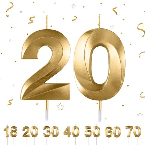 Geburtstagskerzen Zahlen 20,3D Gold Geburtstagskerzen,Kerzen Geburtstag Zahl 20, Kuchen Topper Dekoration Kuchendeko Geburtstag, Geburtstagskerzen für Geburtstagsdeko