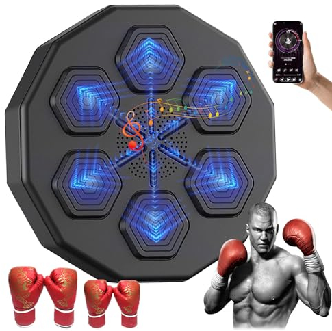 SATSAT An der Wand montierte Musikboxmaschine mit LED-Licht, Boxziel + Handschuhe für Erwachsene + Kinderhandschuhe, elektronisches Boxziel mit Bluetooth-Musik, für Erwachsene und Kinder