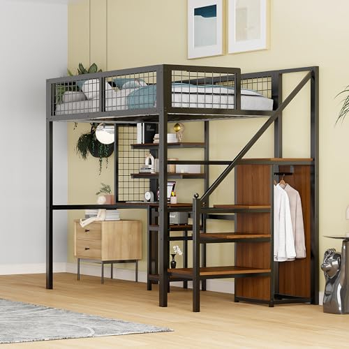 Merax Hochbett 90x200cm, Metall Kinderbett mit Kleiderschrank & Schreibtisch, multifunktionales Etagenbett mit Stauraum & Regal, für Jungen, Mädchen, Schwarz (Ohne Matratze)