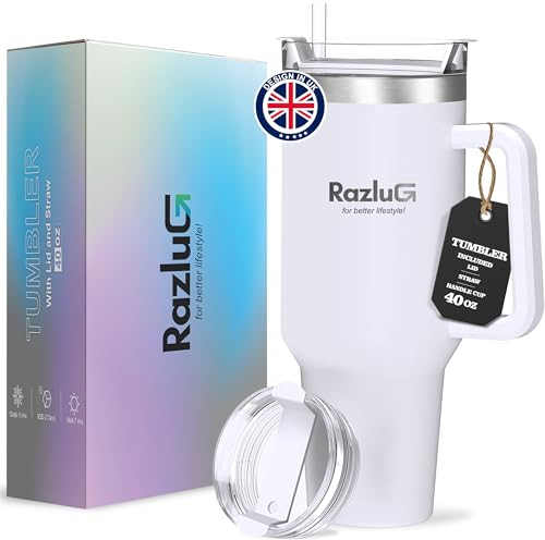 Razlug Large Tumbler with Straw and Lid (40oz) - Insulated Cup for Adults - Travel Tumbler Cup with Straw - Keeps Water/Drinks Hot & Cold for 24 Hours - (Sleek White)-Classic Design