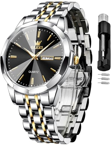 OLEVS Herren-Armbanduhr, analog, Quarz, Business-Uhr, Tag und Datum, Edelstahl, klassisch, lässig, luxuriös, leuchtend, wasserdicht, für Herren, 3615: Silber und Schwarz