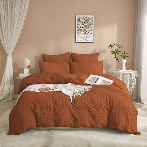 Luowei Seersucker Bettwäsche 135x200cm 4teilig Sommer Streifen Strukturiert Bettbezug mit 2 Kissenbezug 80x80 cm Leicht Weich Atmungsaktiv Oeko-TEX Bettwäsche-Sets Orange mit Reißverschluss