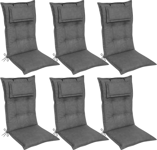 DILUMA Hochlehner Auflage Luxor 120x50 cm mit Kopfpolster Grau 6er Set - Luxus Stuhlauflage mit 8 cm Polsterung