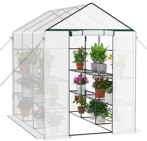 Ribelli Foliengewächshaus, Gewächshaus mit Aufrollbarer Tür, Tomatengewächshaus 143x195x213 cm, 4 Regale Treibhaus, Winterfest PE-Gitterfolie, Gartenhaus für Pflanzen, Gemüse, Blumen, Weiß
