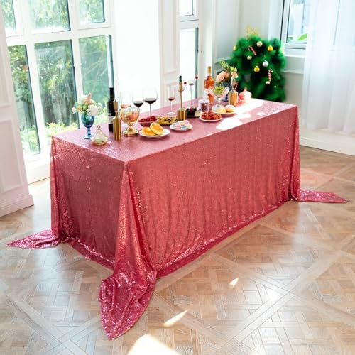 Homxi Tovaglie Cucina Rettangolare 153 W x 260 L CM,Tovaglia Giardino Rosa Rossa Tinta Unita con Paillettes Poliestere