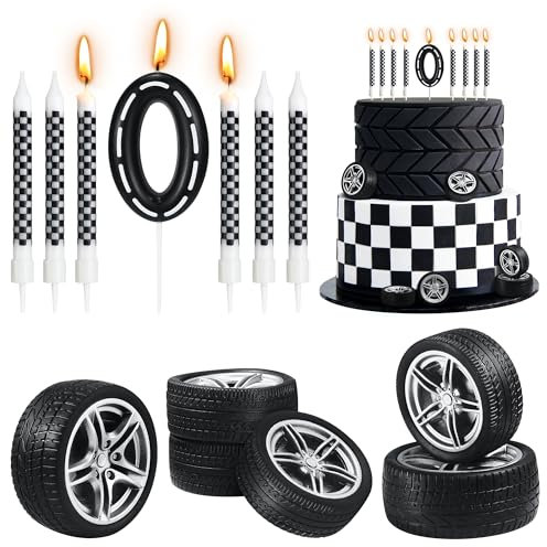 13 Pcs Racing Cars Themed Birthday Candles Black and White Checkered Birthday Cake Candles Numeral 0 Candle Wheel Tire for Racing Car Theme Decoration Party Supplies Birthday Cake Toppers Decorations