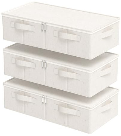 ENUMAIL 3 Piezas Cesta de Tela Decorativa Plegable Bajo la Cama con asa, Cajas de Almacenamiento de Tejidos con Tapa, Para Colchas, Ropa, Mantas y Zapatos, 60×30×15cm, Beige