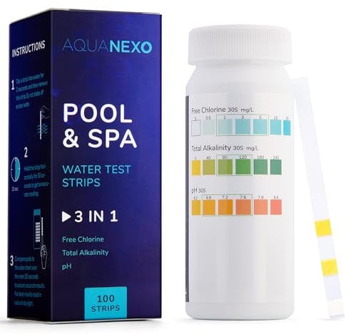 AQUANEXO 100 Pool Teststreifen Pool & Spa 3-in-1, Pool Zubehör, Pooltester für Planschbecken Schwimmbad Whirlpool, Wassertester für Pools, Pool Tester pH und Chlor, pH Teststreifen