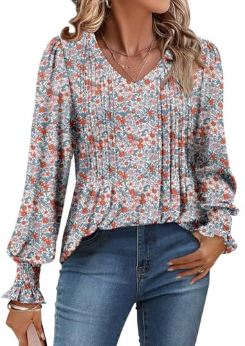 CHICZONE Womens V Neck Puff Long Sleeve Pleated T Shirts for Leggings Casual Fall Tops Casual Tunic Blouse