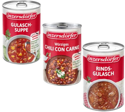 Set Prova Di Zuppe Austriache | 3 Zuppe da 400g | Chilli con Carne - Zuppa di Gulasch - Gulasch di Manzo | Cotte in 5 minuti