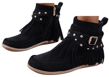 Dasongff Stivaletti indiani donna frangia stivaletti tacco piatto classico ghiande santiags alla caviglia occidentale punta rotonda cavaliere laterale zip bohemia autunno metà polpaccio comfort