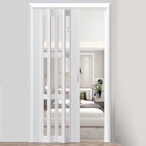 Folding Door Clear Multifold Sliding Door for Bedroom, White Transparent Foldable Accordion Closet Doors, Office Pantry Retractable Folding Screen(57x80in (145x203cm))