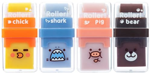 M&G Radiergummis mit Reinigungsrolle und Abdeckung, 4 Stück, niedliche Radiergummis für Kinder, Tier-Cartoon-Spaß-Radierer mit Rasierrolle, tolles Geschenk für Lehrer, Klasse, Schulbedarf, Zuhause,